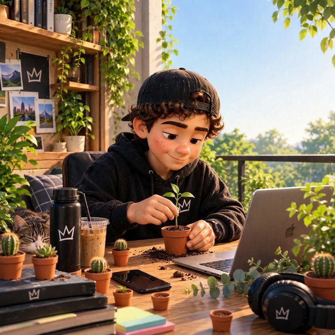 A 3D animated-style image of a young boy wearing a black cap and hoodie with a crown logo, smiling as he tends to a small plant in a pot on his desk surrounded by cacti and other plants.