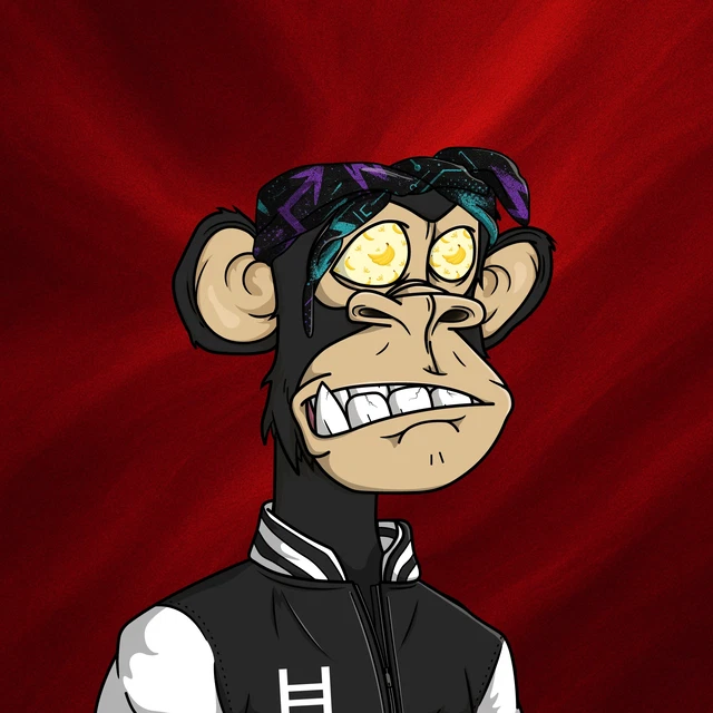 A cartoon illustration of an ape-like character with yellow glowing eyes and a bandana, wearing a varsity jacket against a red background.