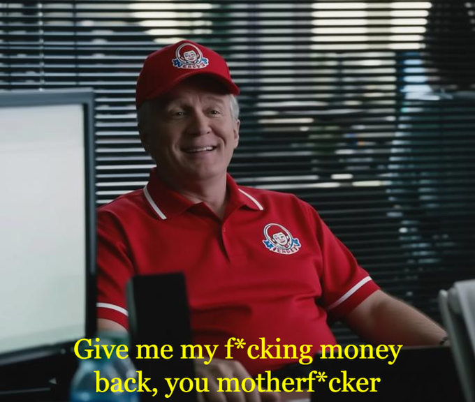 A smiling man wearing a red Wendy's uniform and cap sits at a desk, with the caption "Give me my f*cking money back, you motherf*cker" overlaid in yellow text—humorously fitting the "$WEN bagholders" post by depicting a frustrated Wendy's "bag holder" demanding his money back.