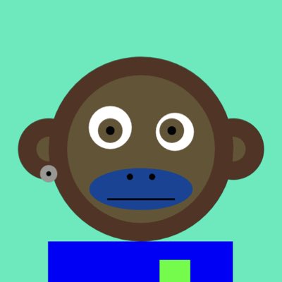A digital illustration of a brown monkey with large white and black eyes and a blue mouth area, set against a teal background.