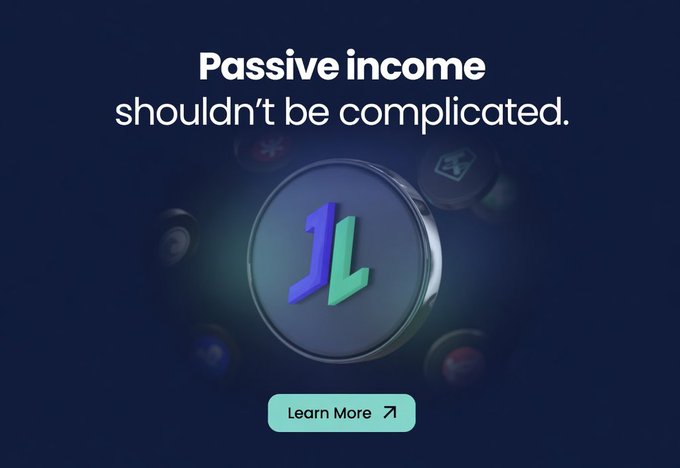 The image features a blue background with white text that reads "Passive income shouldn't be complicated." Below this statement, there's an illustration of a coin with the letters "JL" written on it. The text also includes a button that says "Learn More," and the image shows a coin surrounded by other coins in various colors.