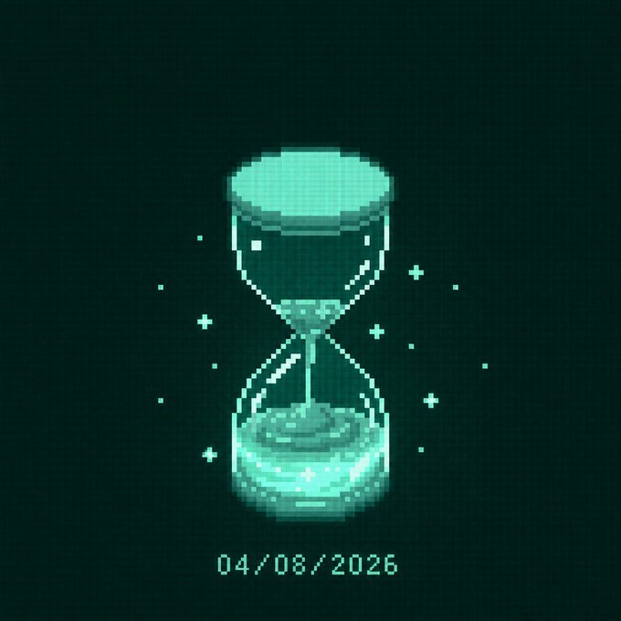 A pixelated teal hourglass with sand flowing sits on a dark grid background, above the date "04/08/2026," visually representing the dwindling wait before the motion launch.