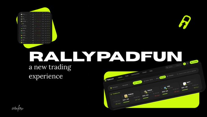 A promotional graphic for 'RALLYPADFUN - a new trading experience' displays mockups of a dark-themed trading platform interface on a black background with neon green accents.