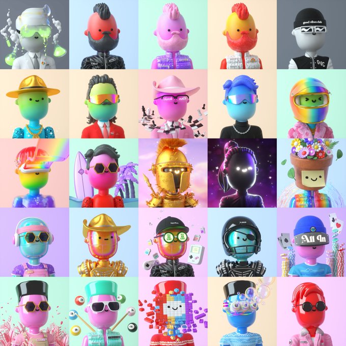 A grid of 25 colorful, stylized 3D character avatars featuring various accessories like hats, sunglasses, and helmets in vibrant rainbow hues.
