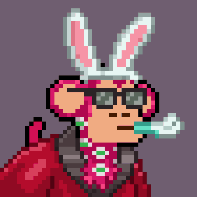 Pixel art illustration of a character wearing bunny ears, sunglasses, and a red outfit while smoking a cigarette against a purple background.