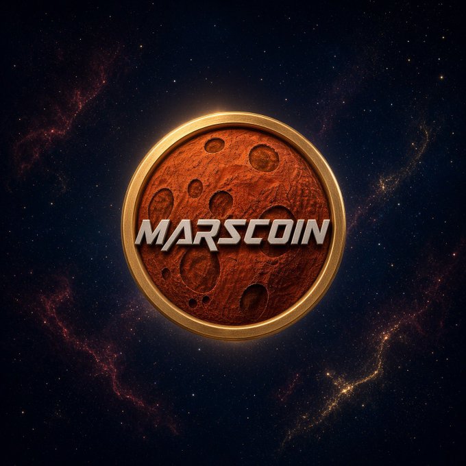 A digital coin labeled "MARSCOIN" featuring a cratered, Mars-like surface and gold rim, set against a starry space background.