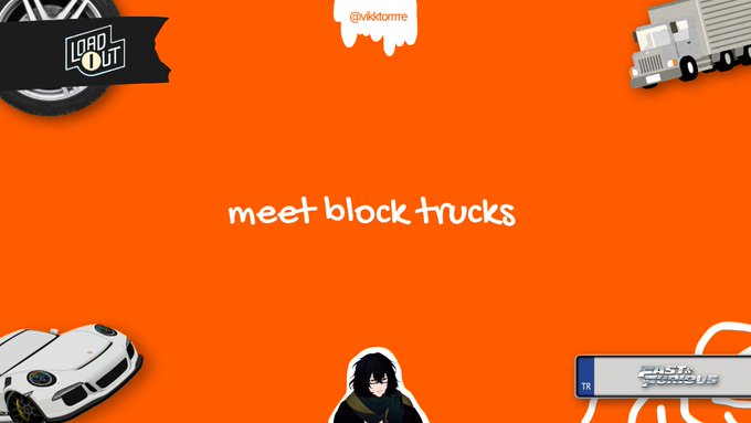 "Meet Block Trucks," featuring cars, trucks, and a Fast & Furious license plate, announces the upcoming game on @loadoutprotocol, as described in the accompanying post. The visual elements, like the trucks and cars, directly relate to the racing theme of the game mentioned.