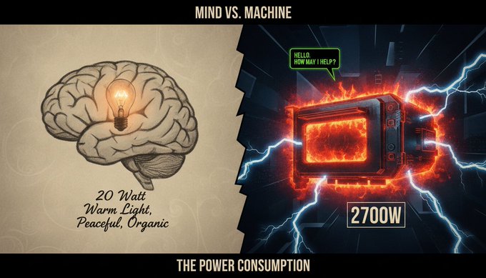 A 'Mind vs. Machine' comparison graphic contrasting a 20-watt brain with a lightbulb against a 2700W glowing machine labeled 'Hello, how may I help?'