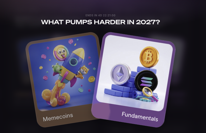 A promotional graphic asking 'WHAT PUMPS HARDER IN 2027?' featuring two cards: one labeled 'Memecoins' with cartoon characters, and another labeled 'Fundamentals' showing crypto coins like Bitcoin and Ethereum.