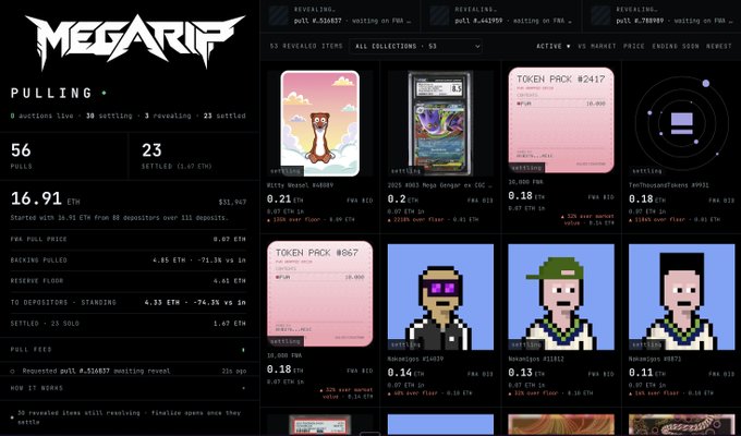 The MEGARIP funding dashboard shows 56 polls, 23 settled, and a 16.91 ETH pull as token pack #2417 reveals at 0.18 ETH. The “MEGARIP 2” page is live, with reveals underway and a “Revealing” status visible for pack #336827.