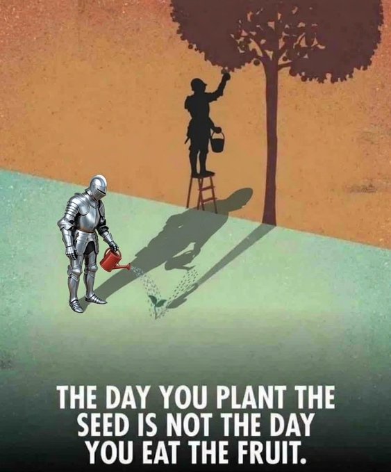 The image shows a knight in shining armor watering a small sprout while casting a shadow that reveals a person on a ladder harvesting fruit from a fully grown tree, with the caption "THE DAY YOU PLANT THE SEED IS NOT THE DAY YOU EAT THE FRUIT." The metaphor of immediate labor versus the eventual harvest mirrors the post's message about web3 founders patiently nurturing their projects before they eventually bear fruit for their communities.