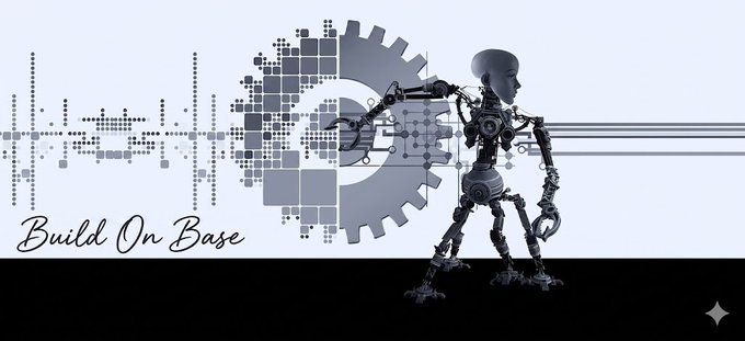 A stylized illustration of a robotic figure working with a large gear mechanism alongside digital waveforms, with the text 'Build On Base' displayed in script font.