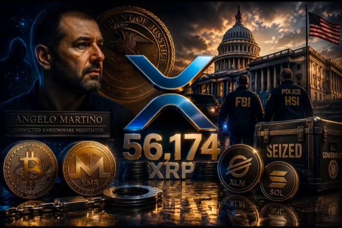 A dramatic promotional-style graphic shows Angelo Martino, labeled as a "Convicted Ransomware Negotiator," alongside the U.S. Capitol, FBI and HSI agents, seized coins and a briefcase marked "SEIZED," with prominent XRP logo and the figure "56,174 XRP" flanked by Bitcoin, Monero, Stellar, and Solana tokens—visually reinforcing the post's message that U.S. authorities have seized 56,174 XRP from the convicted negotiator and that XRP transactions are traceable and subject to law enforcement action.