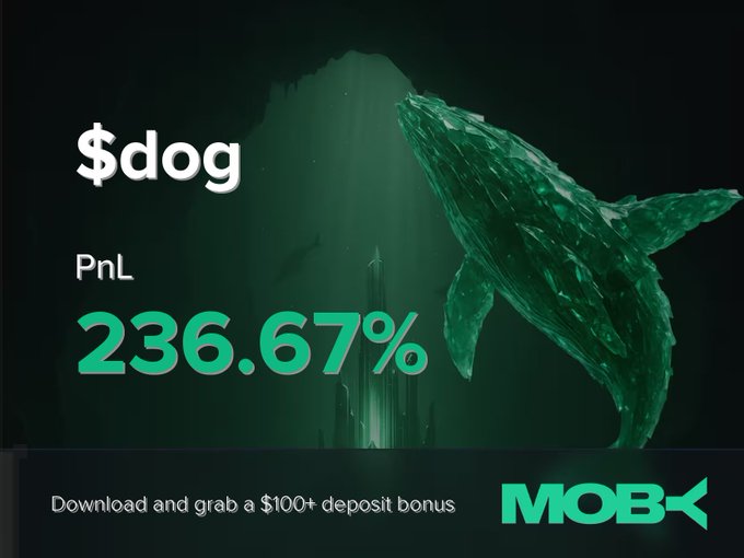A promotional graphic from Moby features a glowing green whale and text "$dog / PnL / 236.67%", with a call-to-action at the bottom reading "Download and grab a $100+ deposit bonus." The image visually celebrates the trader's +236.67% gain on the $dog token highlighted in the accompanying win alert.