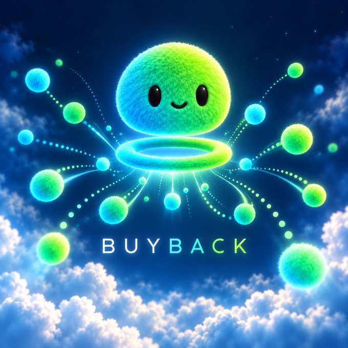 A digital illustration of a cute, fluffy green and blue character floating among smaller orbs in a cloudy sky, with the word 'BUYBACK' displayed below.