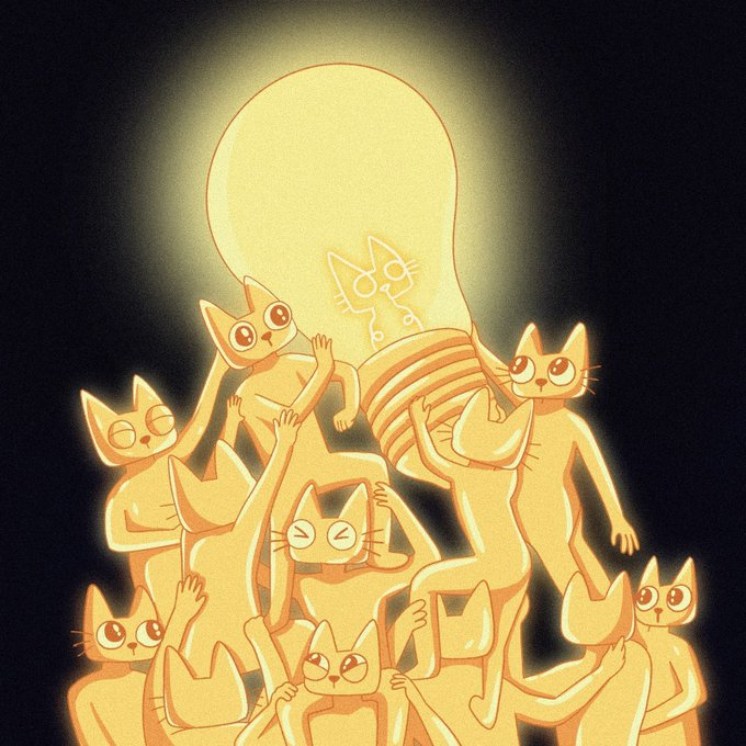 A glowing orange illustration shows a crowd of stylized cats piling onto and lifting a giant light bulb like a rocket. It visually echoes the post’s speculative “50x, 100x, 10000x intergalactic” $cets gains—and the risk of short-term buyers getting “washed out.”