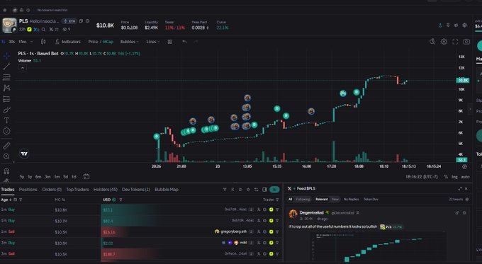 A cryptocurrency trading platform displays a PLS/USDT candlestick chart with multiple "$PL" callout markers showing the ticker hitting around $0.86 (+3.27%), with a chat message reading "Drop out all the unfortunate hoes so bullish" from @gocommitacoi—visually reinforcing the "No crying in the casino" sentiment with both bullish momentum indicators and celebratory trader commentary.