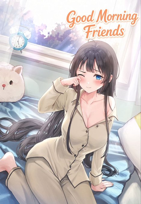 An anime-style illustration of a dark-haired woman in beige pajamas rubbing her eye while sitting on a bed, with the text 'Good Morning Friends' at the top.