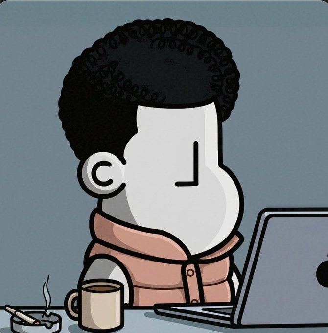 A cartoon illustration of a character with an exaggerated large nose, an afro, and a puffy vest, sitting with a coffee mug, cigarettes, and a laptop showing an Apple logo.