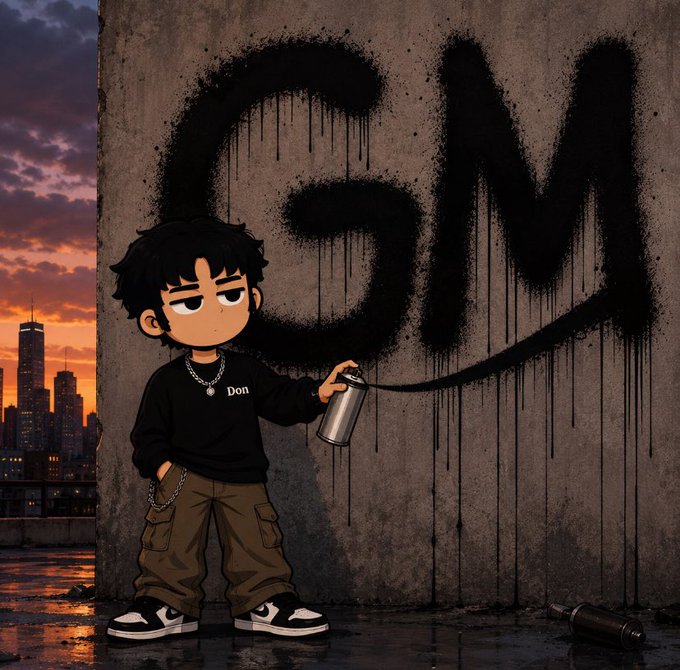 An animated illustration of a young boy with dark hair holding a spray paint can, creating black graffiti letters 'GM' on a concrete wall against a sunset cityscape.