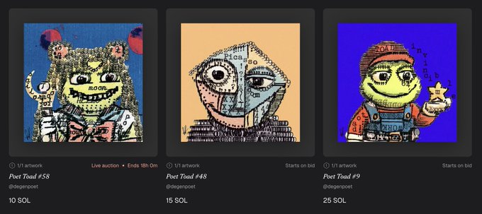 Three NFT artworks titled "Poet Toad #58", "Poet Toad #48", and "Poet Toad #9" by @degenpoet are listed at 10 SOL, 15 SOL, and 25 SOL respectively on a marketplace.