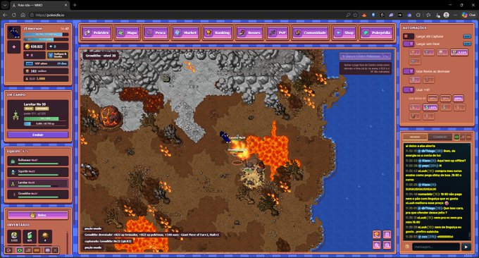 A pixel art-style multiplayer browser game called 'Pueblovo' displaying a volcanic terrain map with lava, character equipment panels, trading features, and chat functionality in Spanish.