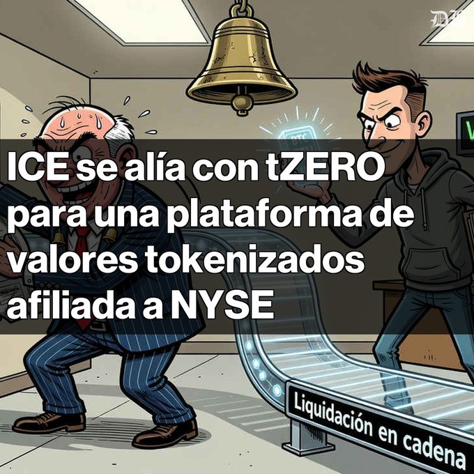 A cartoon illustration showing a nervous banker facing a young man with a phone, with Spanish text announcing 'ICE se alía con tZERO para una plataforma de valores tokenizados afiliada a NYSE' and 'Liquidación en cadena'.