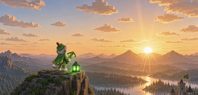A Minecraft-style digital artwork showing a turtle-like character with a lantern standing on a stone outcrop overlooking a pixelated landscape with mountains, lakes, and a sunset.
