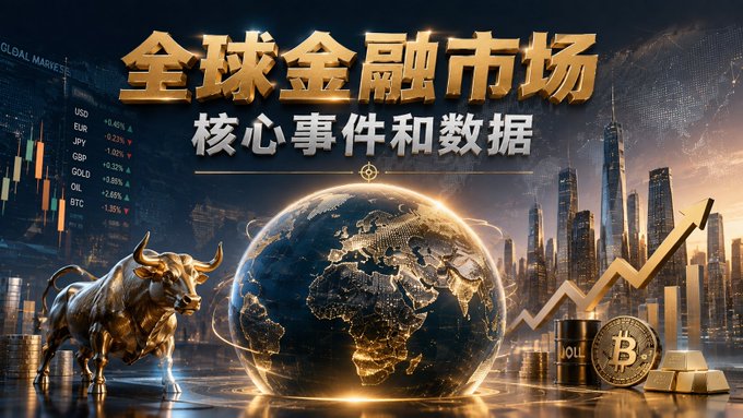 The image is a promotional graphic featuring the Chinese text "全球金融市场核心事件和数据" (Global Financial Market Key Events and Data) overlaid on a visual collage of financial imagery, including a golden bull statue, a glowing globe, Bitcoin coins, gold bars, oil barrels, and a stock chart showing an upward trend. Currency tickers (USD, EUR, JPY, GBP, GOLD, OIL, BTC) with percentage changes appear on the left, reinforcing the post's theme of summarizing global market events from August 1st, including BTC dropping below $63,000, Japanese currency intervention, and rising US Treasury yields.