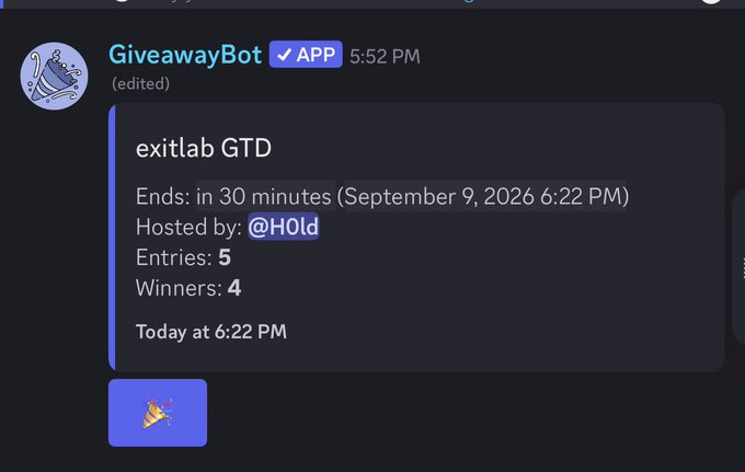 A Discord screenshot shows “exitlab GTD,” hosted by @H0ld, ending at 6:22 PM with 5 entries and 4 winners. It illustrates @H0ld’s raffle for @exitlabsdotfun, where only 5 people entered for 4 GTD prizes.