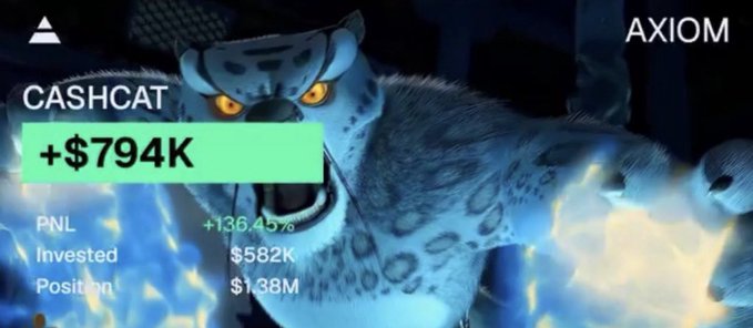 A financial dashboard overlay on an image of a roaring snow leopard from the movie 'The Golden Compass,' showing 'CASHCAT' with a gain of +$794K, PNL of +136.45%, $582K invested, and a $1.38M position, branded with 'AXIOM'.