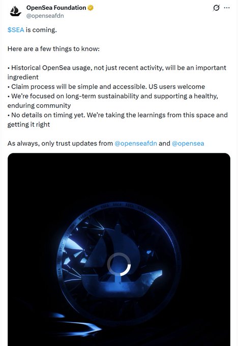 Twitter announcement from OpenSea Foundation (@openseafdn) declaring '$SEA is coming' with a glowing blue OpenSea logo graphic.