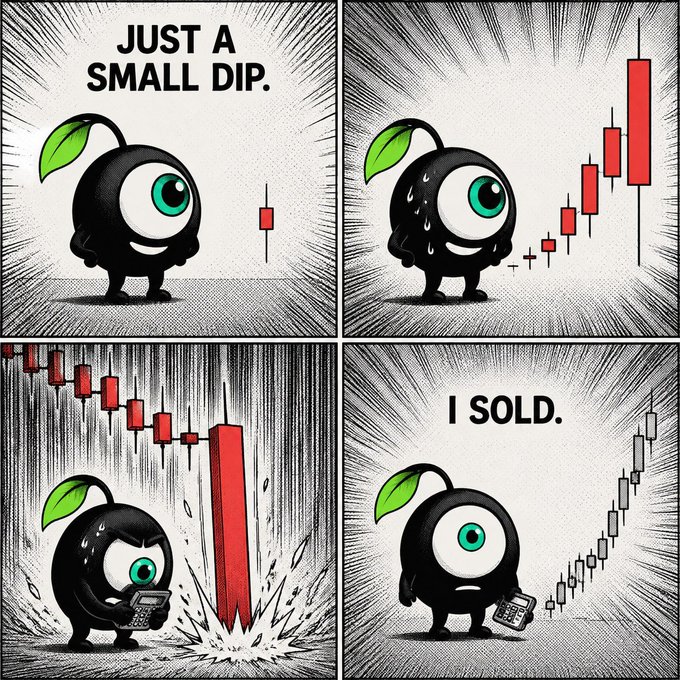 A four-panel comic featuring a one-eyed black fruit character; panel 1 says 'JUST A SMALL DIP' over a candlestick chart, panel 2 shows the character sweating as the chart rises, panel 3 depicts the chart crashing down, and panel 4 ends with 'I SOLD' as the price recovers.
