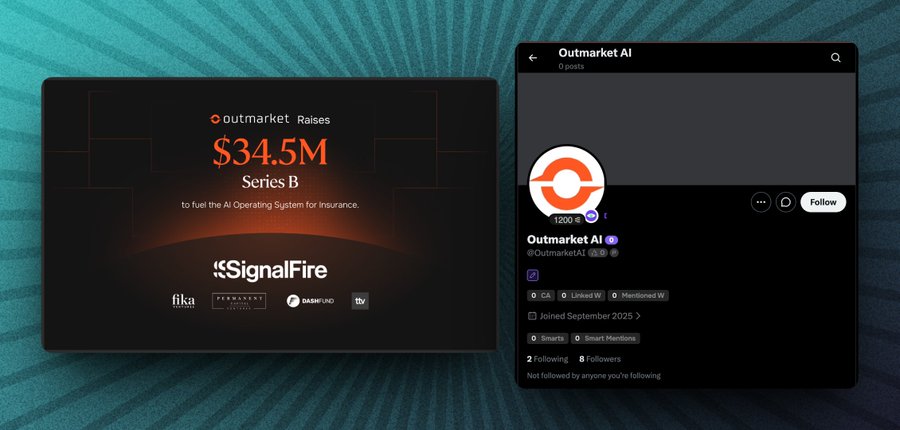 A promotional graphic showing Outmarket AI raising $34.5M Series B funding from SignalFire and other investors, alongside a Twitter/X profile for @OutmarketAI.