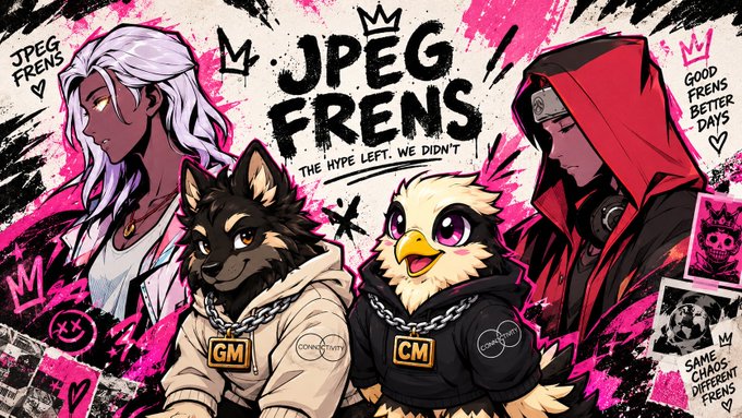 A colorful illustrated banner for "JPEG FRENS" featuring anthropomorphic characters including a wolf and owl, with the tagline "THE HYPE LEFT. WE DIDN'T".
