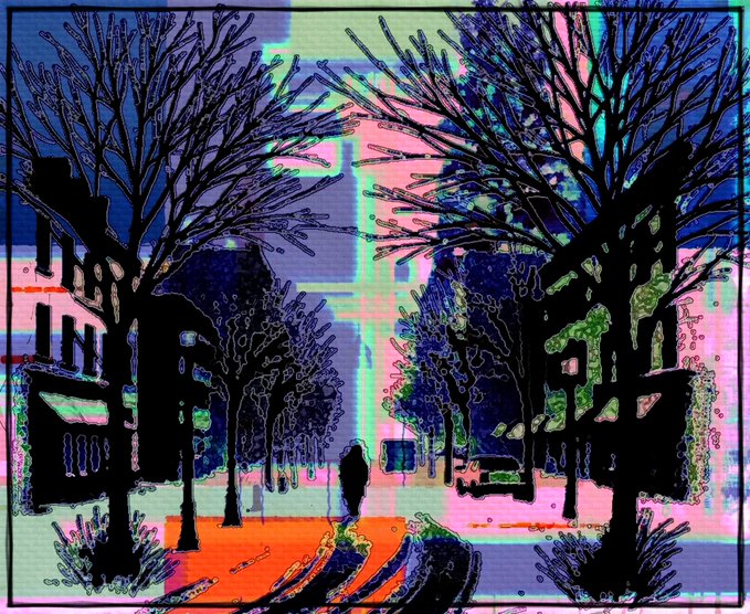 A vibrant, stylized painting of a tree-lined street at sunset with a lone figure and car, rendered in neon pink, purple, blue, and orange tones with a psychedelic aesthetic.