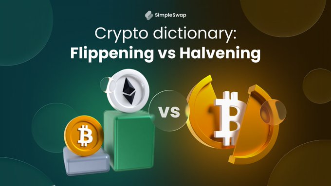 The image is a promotional graphic for SimpleSwap's "Crypto dictionary" series, featuring the text "Flippening vs Halvening" and displaying 3D renderings of Bitcoin and Ethereum coins arranged on green platforms. The visual directly supports the accompanying post by illustrating the two crypto terms being compared, with Ethereum positioned on a taller platform beside a smaller Bitcoin coin, while a larger broken Bitcoin coin appears on the right.