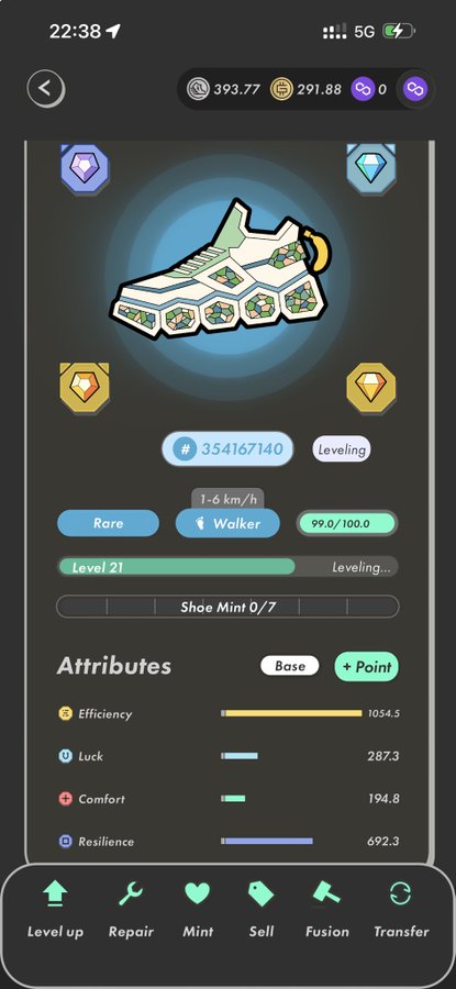 STEPN NFT sneaker screen showing a Rare Walker shoe (ID 354167140), Level 21, Efficiency 1054.5, Luck 287.3, Comfort 194.8, Resilience 692.3.