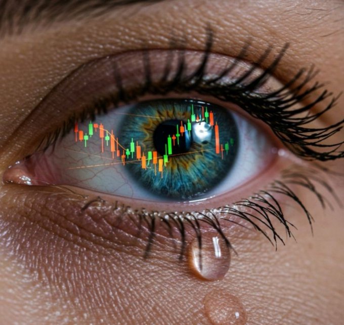 A single tearful eye reflects a candlestick chart with green and red bars, symbolizing the emotional toll of volatile crypto markets. The image visually represents the sadness and uncertainty investors experience during crypto market downturns.
