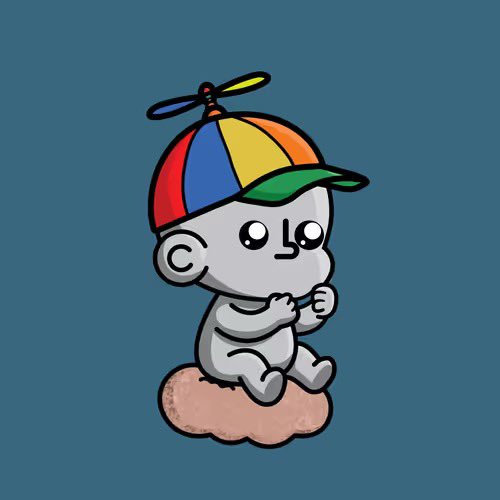 A cartoon-style illustration of a gray monkey character wearing a colorful propeller hat, sitting on a small brown cloud or rock against a solid blue background.