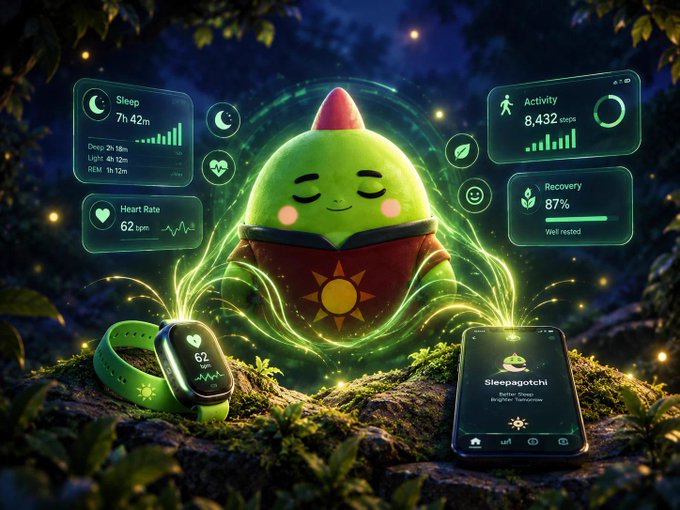 A whimsical illustration of a small green character meditating with a book, surrounded by floating health metric displays showing "Sleep 7h 42m", "Heart Rate 62 bpm", "Activity 8,432 steps", and "Recovery 87%", alongside a fitness band and smartphone app labeled "Sleepagotchi".