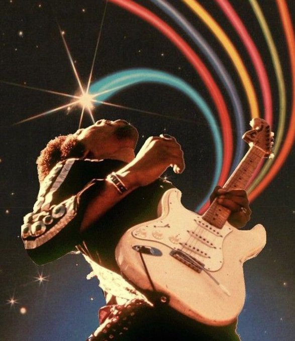 A guitarist with an afro plays a white electric guitar and sings into a microphone against a cosmic backdrop of swirling rainbow light trails and stars. The image appears to satirize the post's claim about Spotify demanding prediction markets remove their logos over rigged song ratings, humorously depicting a musician as if caught in a cosmic scheme to manipulate music-related bets on Kalshi and Polymarket.