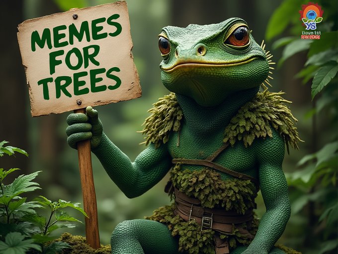 Digital artwork featuring a green lizard character dressed in foliage holding a wooden sign that reads 'MEMES FOR TREES' in a jungle setting.