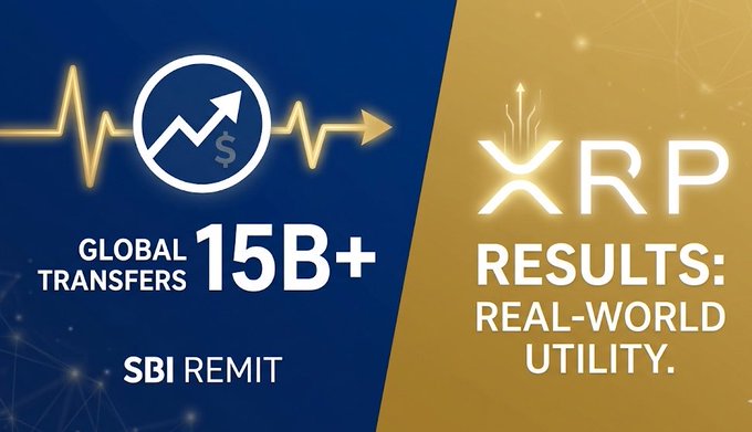 The image features two blue squares with white text that reads "Global transactions 15B+ results: Real-world utility." One square also has a green arrow pointing up, indicating progress or growth. The word "XRP" is visible as well within the same text. This visual design suggests that global transactions can lead to financial gains and real-world utility with cryptocurrency like XRP playing a significant role in this process.