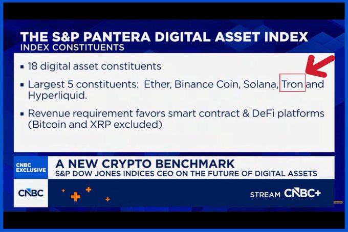 A CNBC broadcast slide titled "THE S&P PANTERA DIGITAL ASSET INDEX" highlights 18 digital asset constituents, with a red arrow emphasizing that Tron ($TRX) is among the top 5 largest constituents alongside Ether ($ETH), Binance Coin ($BNB), Solana ($SOL), and Hyperliquid ($HYPE), while noting that Bitcoin and XRP are excluded due to the index's preference for revenue-generating smart contract and DeFi platforms.