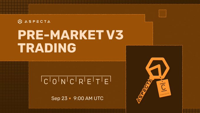An orange-toned promotional graphic for 'ASPECTA' announces 'PRE-MARKET V3 TRADING' with the word 'CONCRETE' and a date of 'Sep 23 • 9:00 AM UTC', featuring the Aspecta logo.