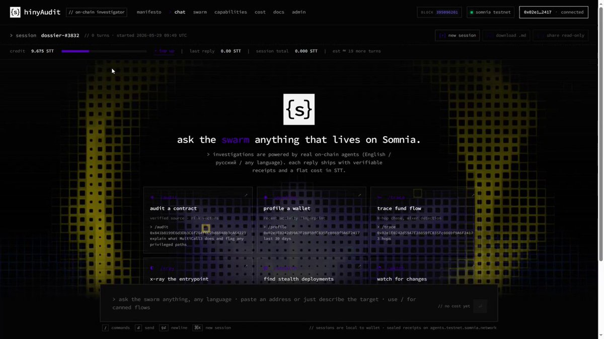 The image shows a website called "Somnia_Network" with a black background featuring yellow squares. The website displays information about a product named "ShinyAudit". It also mentions that the website is powered by the @Somnia_Network blockchain, which is a platform for decentralized applications and smart contracts. The post suggests that the website's content can be found on the site within under a minute.