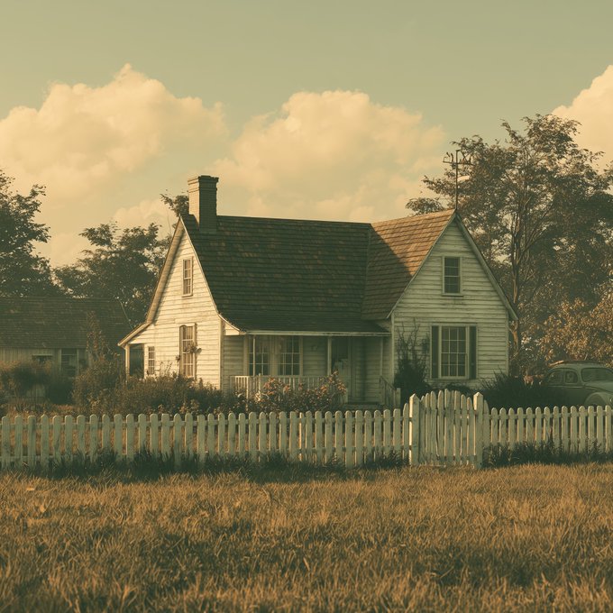 A nostalgic, sepia-toned image of a white wooden house with a dark roof, surrounded by a white picket fence, trees, and tall grass under a cloudy sky.