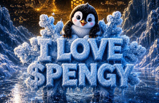 A digitally generated, frosty image featuring a cartoon baby penguin above large icy 3D text that reads 'I LOVE $PENGY', set against a backdrop of ice, water, and faint physics equations.