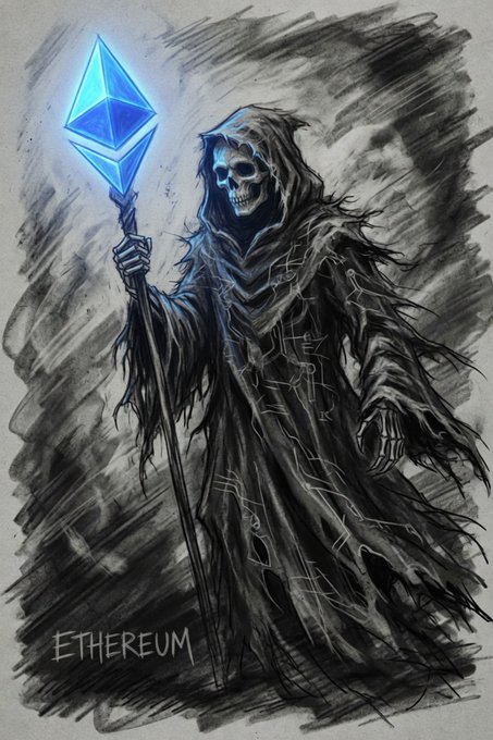 A charcoal-style sketch of a grim reaper figure in tattered black robes holding a staff topped with a glowing blue Ethereum logo diamond, with the text 'ETHEREUM' at the bottom.